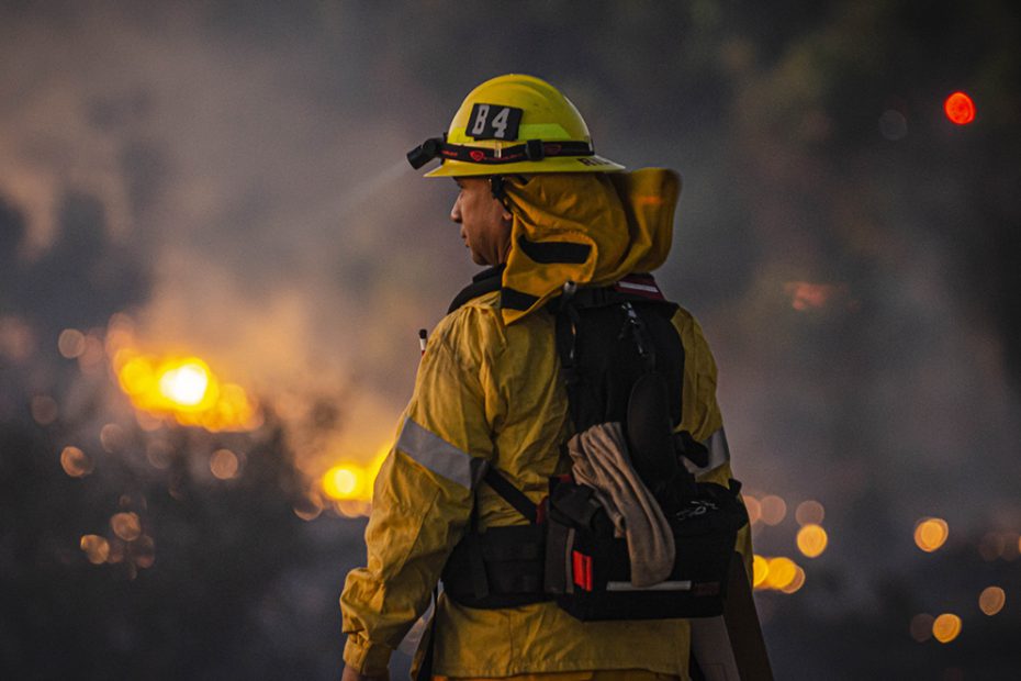 A firefighter overlooks a the brush fire at Sepulveda Basin.